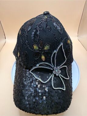 Black Sequin Floral Baseball Cap with Butterfly Flower Accent